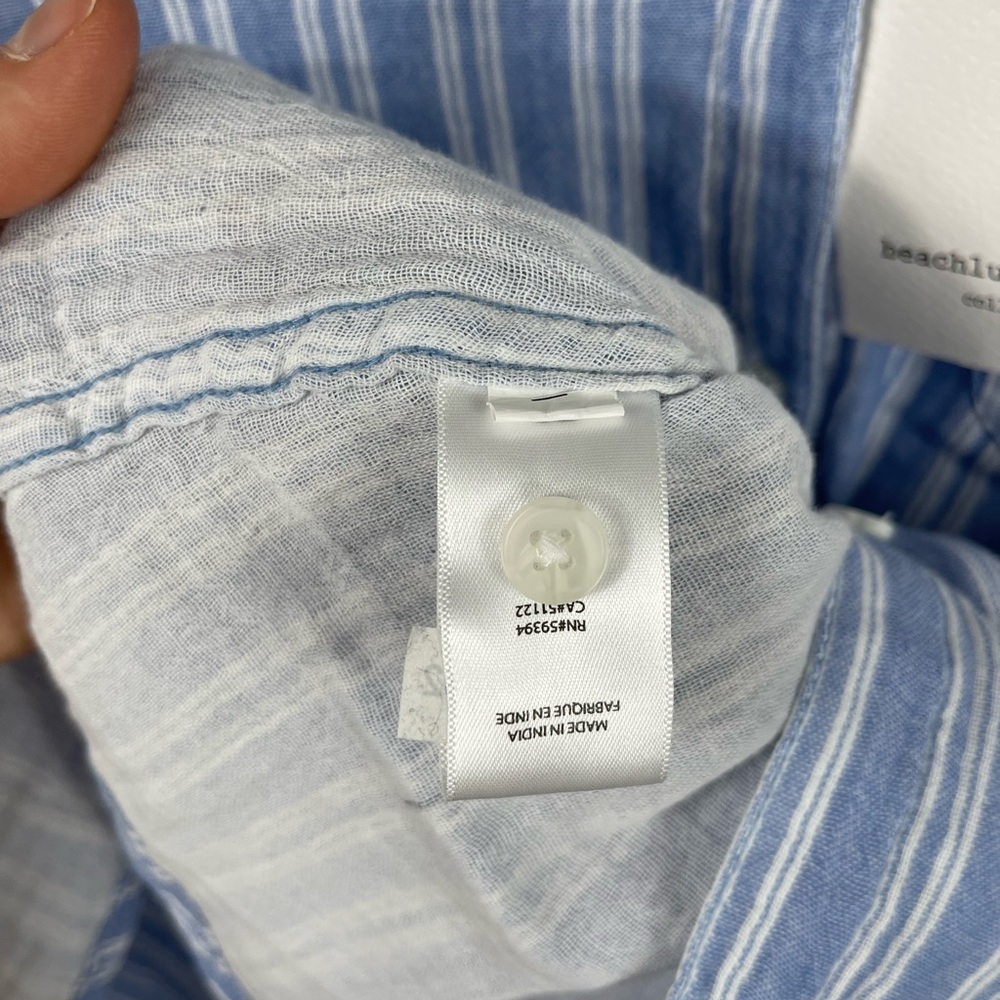 Beach Lunch Lounge Boyfriend Fit Gauze Muslin Blue White Stripes Button UpShirt - Picture 9 of 10